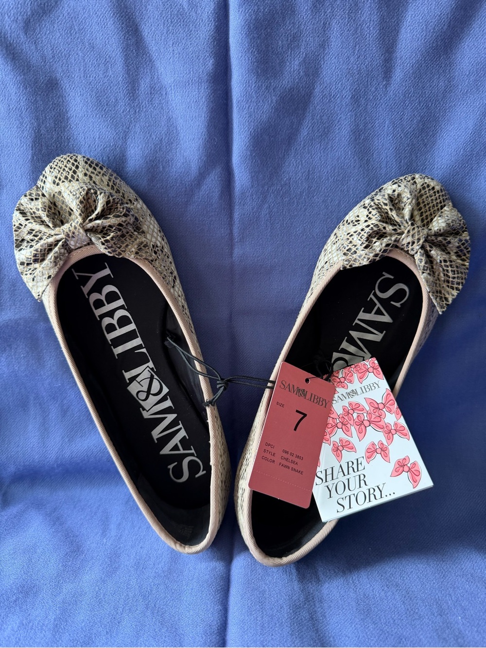 Sam & Libby Women's Snake-Print Bow Flats in Beige